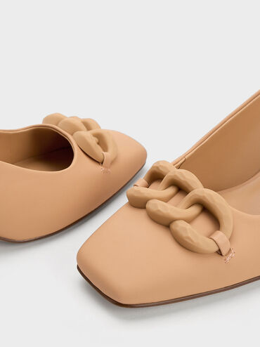 Chunky Chain-Link Slingback Pumps, Camel, hi-res