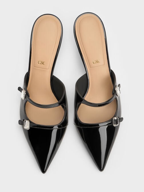 حذاء ميول بكعب مزين بمشبك مرصع بحجر لامع وبشريط مزدوج و مقدمة مدببة من جلد لامع, أسود براق, hi-res