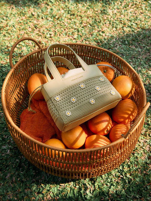 حقيبة توت أيدا بنقشة الزهور المحبوكة للفتيات, زيتوني فاتح, hi-res