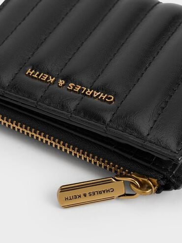 محفظة دونا بسحّاب علوي ومظهر مجعد وتصميم مزين بغرزات طولية, أسود, hi-res