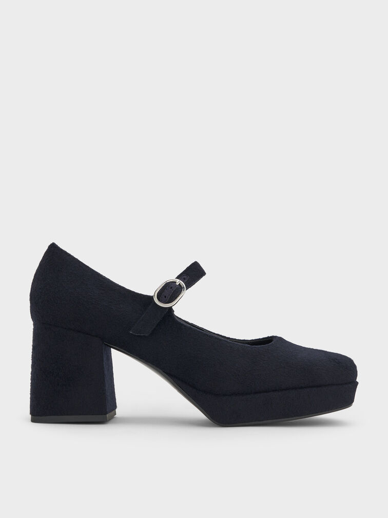 Felt Platform Mary Jane Pumps, Dark Blue, hi-res