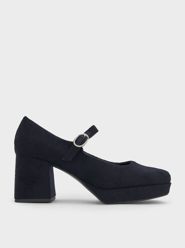 Felt Platform Mary Jane Pumps, Dark Blue, hi-res