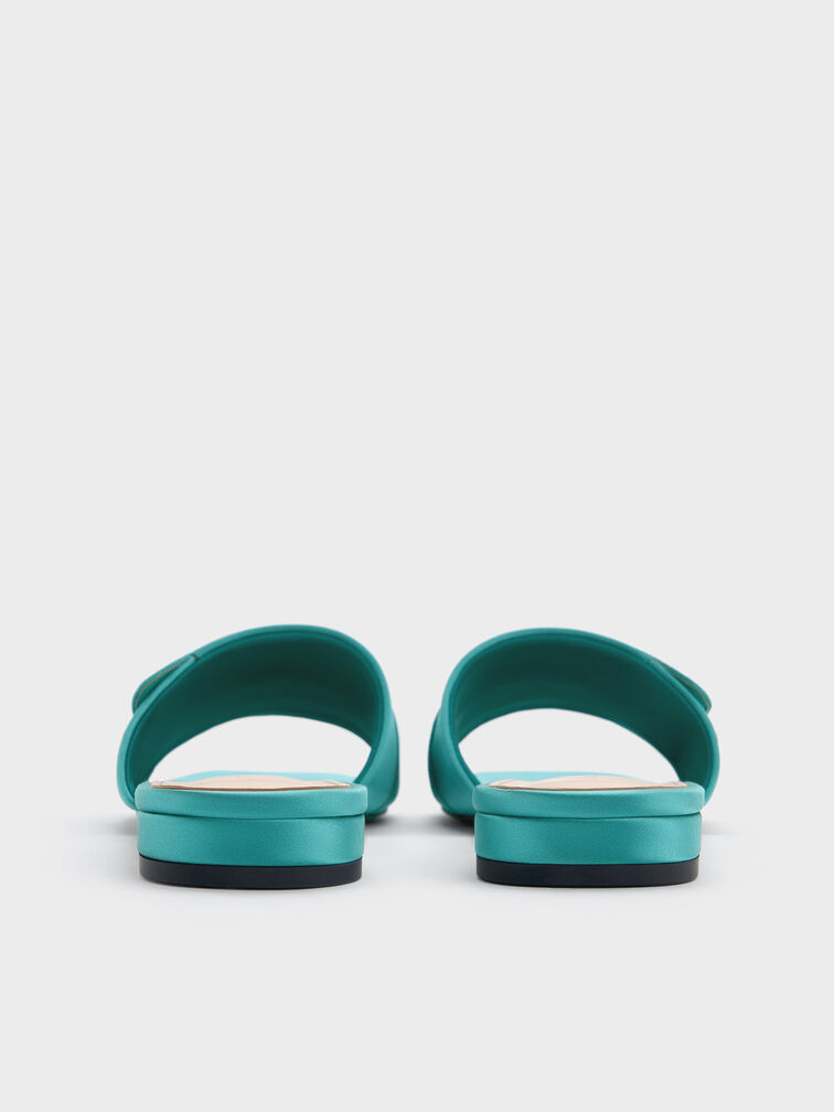 Satin Teardrop-Crystal Buckle-Strap Slide Sandals, Teal, hi-res