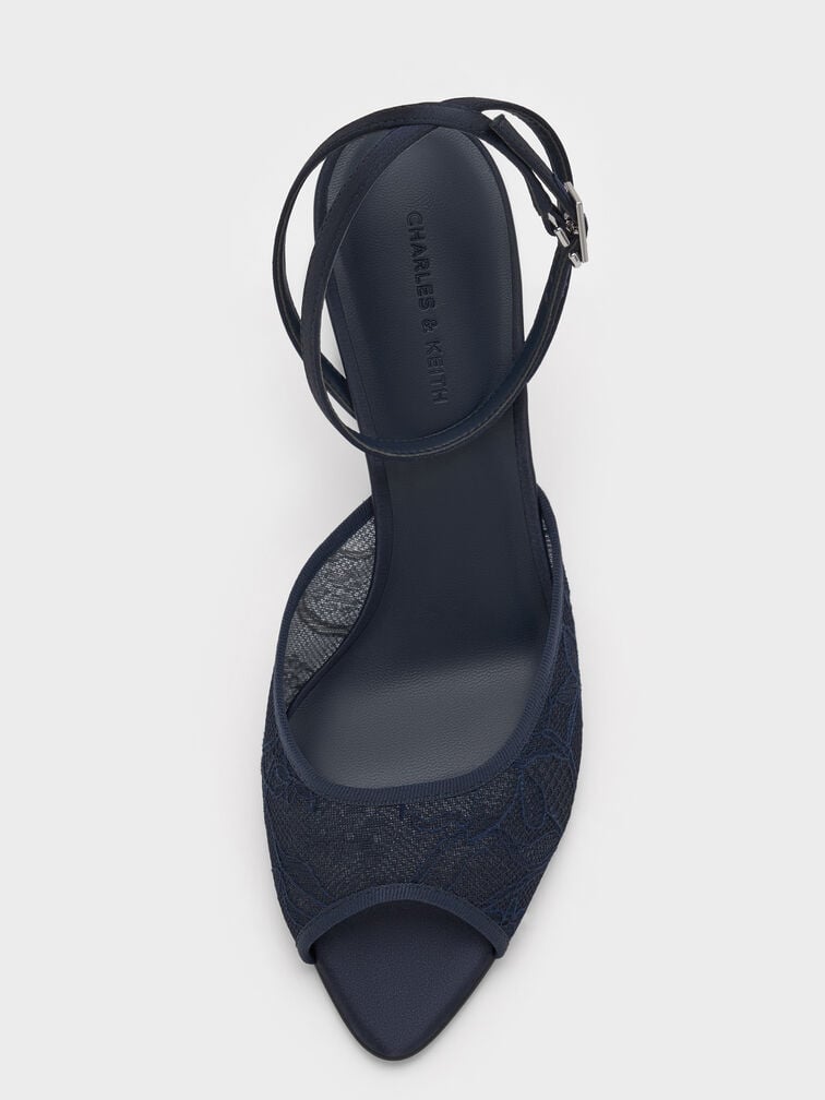 Lace & Satin Peep-Toe Heels, Dark Blue, hi-res
