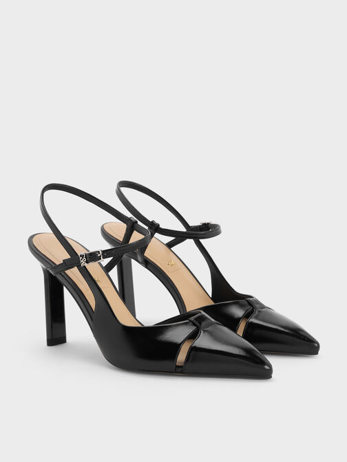 حذاء جلد بكعب بليد ومقدمة مدببة, أسود, hi-res