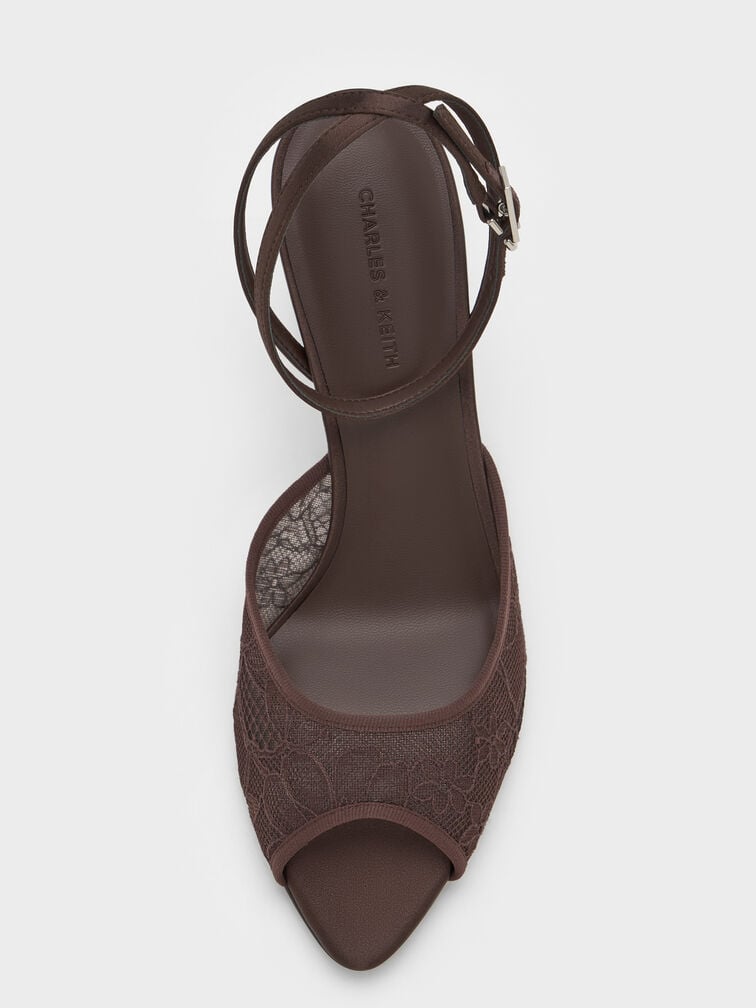 Lace & Satin Peep-Toe Heels, Dark Brown Textured, hi-res