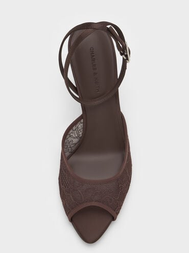 Lace & Satin Peep-Toe Heels, Dark Brown Textured, hi-res