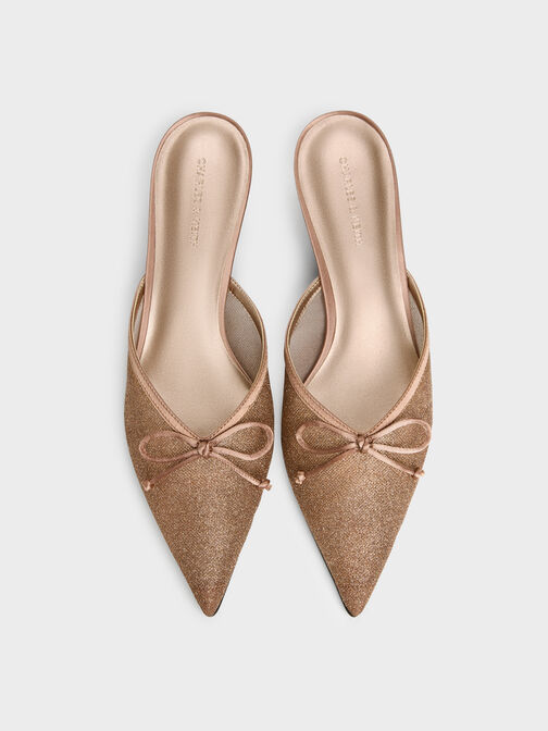 Glittered Mesh Bow Kitten Heels, Brown, hi-res