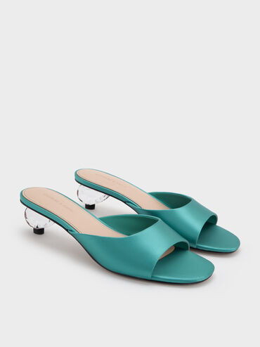 Satin Crystal-Heel Mules, Teal, hi-res