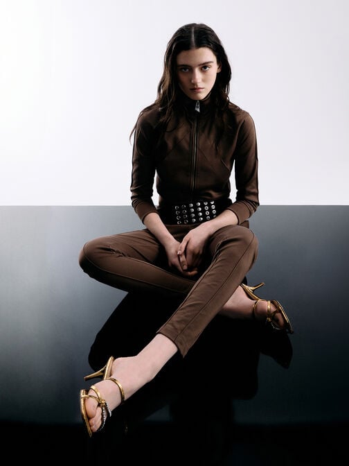 صندل منسوج بكعب وأشرطة مزين بحلية, ذهبي, hi-res