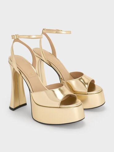 صندل ميشيل من الجلد اللامع بنعل مرتفع ولون معدني, ذهبي, hi-res
