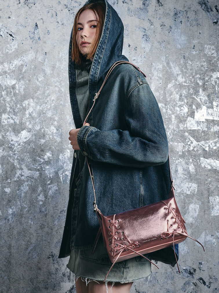 حقيبة كتف ميتالك برباط, زهري مضيء, hi-res