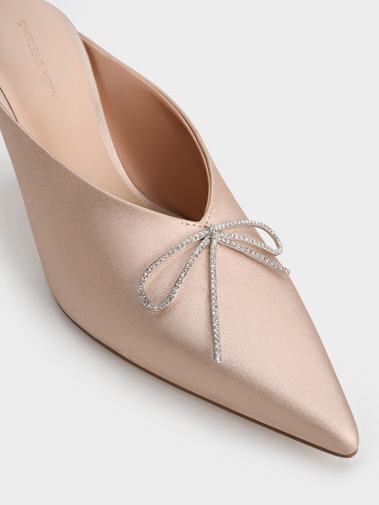 Crystal-Bow Pointed-Toe Heeled Mules, Nude, hi-res