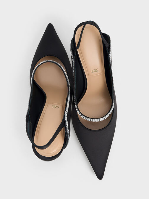Recycled Polyester Crystal-Embellished Pointed-Toe Slingback Pumps, Black Textured, hi-res