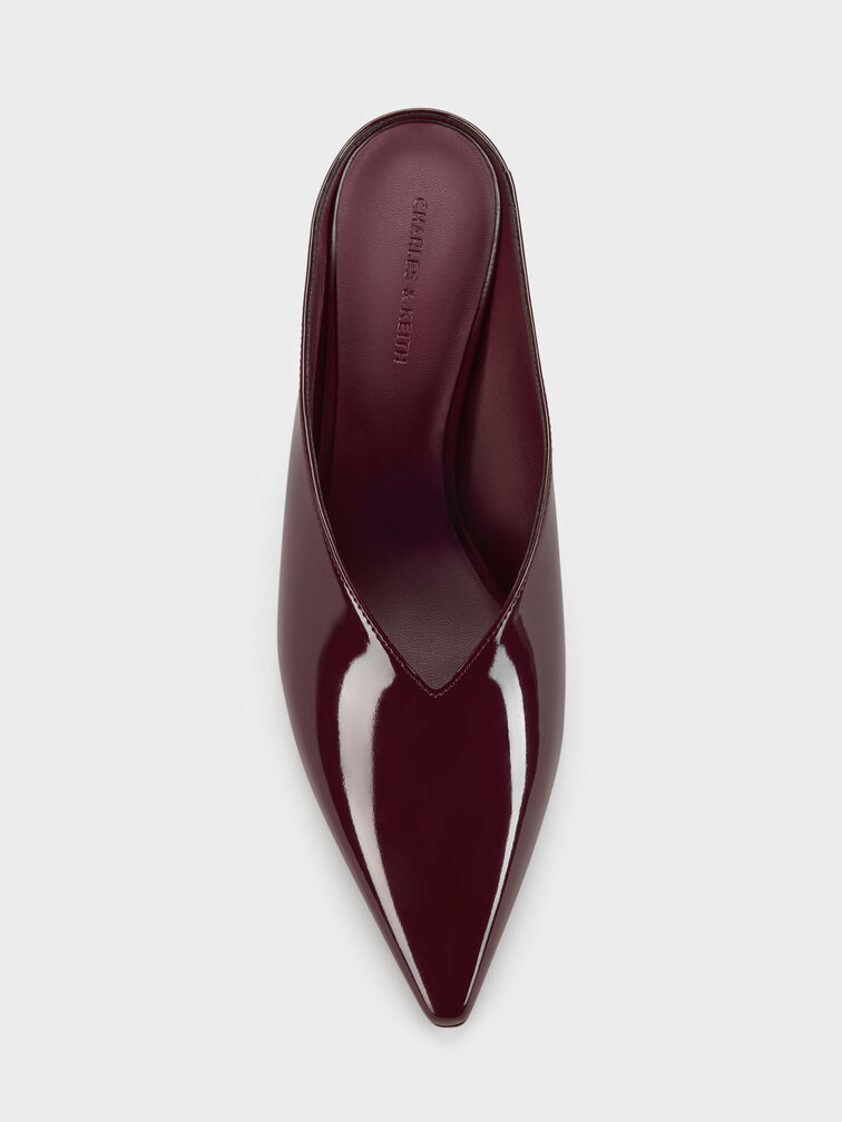 Patent Pointed Heeled Mules, Burgundy, hi-res