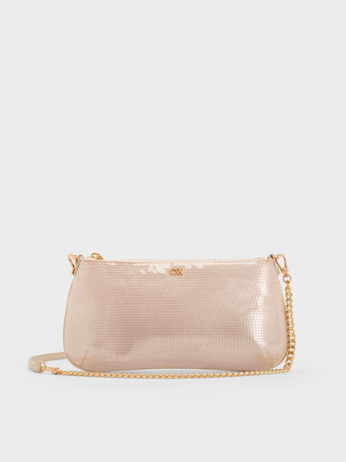 Sequin Mesh & Leather Shoulder Bag, Champagne Nude, hi-res