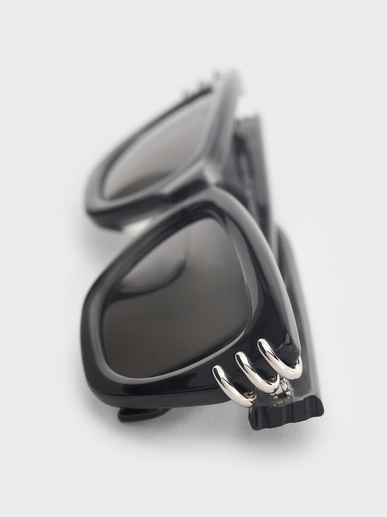 Metallic-Accent Angular Cat-Eye Sunglasses, Noir, hi-res