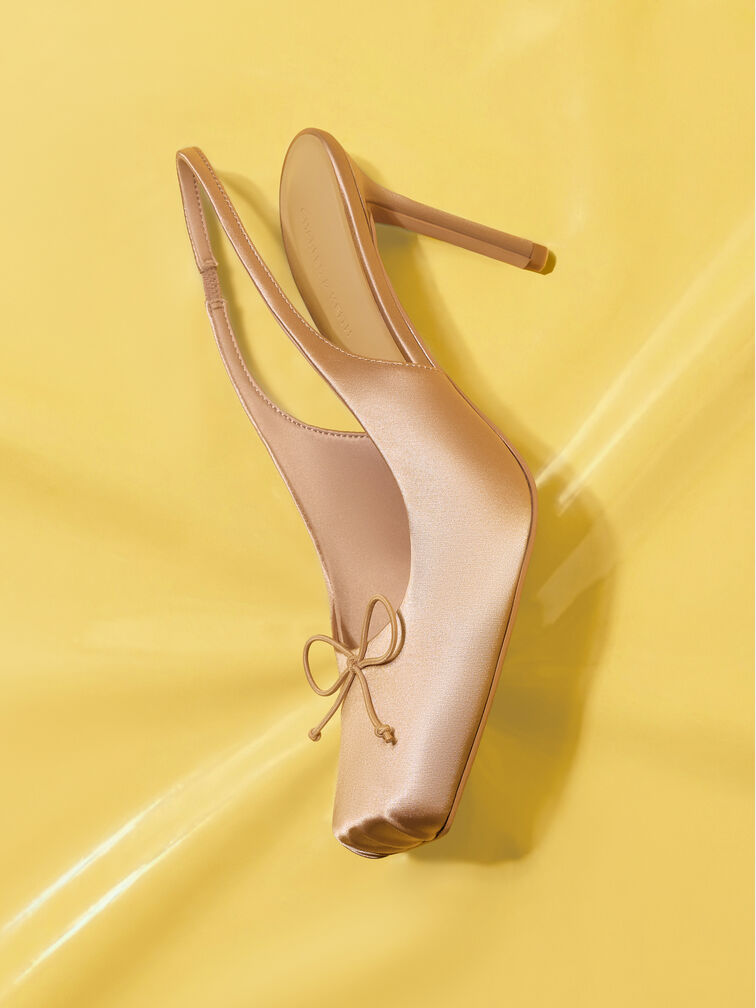 Satin Ruched Stiletto Slingback Pumps, Nude, hi-res