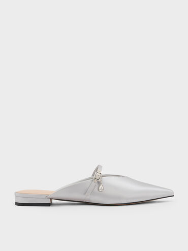 Teardrop-Crystal Flat Mules, Silver, hi-res