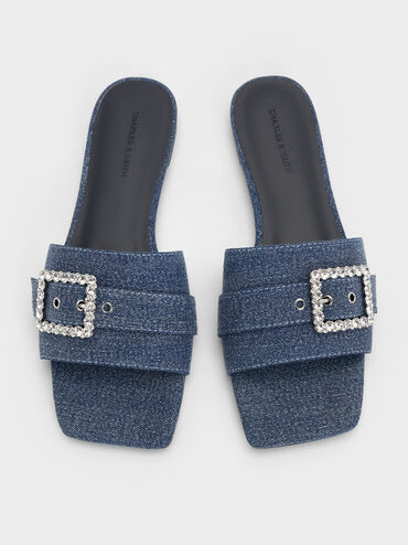 Denim Gem-Buckle Square-Toe Slide Sandals, Denim Blue, hi-res