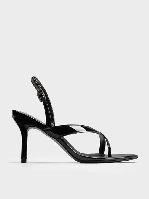 صندل ثونغ لامع مكشوف طراز (ثونغ) وكعب ستيليتو وحزام خلفي, أسود براق, hi-res