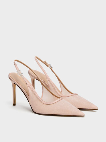 Glittered Mesh Pointed Slingback Pumps, Pink, hi-res