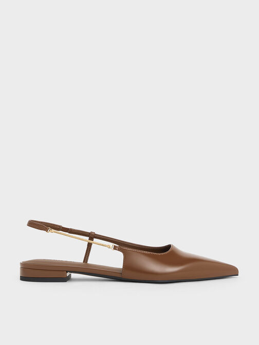 Chain-Strap Pointed-Toe Slingback Flats, Brown, hi-res