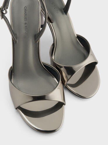 Metallic Sculptural-Heel Slingback Sandals, Pewter, hi-res