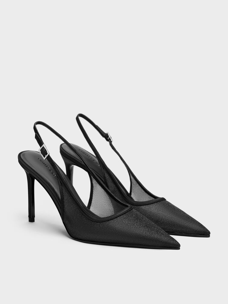 Glittered Mesh Pointed Slingback Pumps, Black Textured, hi-res