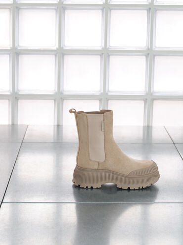 بوت تشيلسي شامواه صناعي بنعل سميك, بيج, hi-res