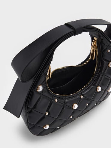 حقيبة هلالية جيني مبطنة مزينة باللؤلؤ بمقبض على شكل فيونكة, أسود, hi-res