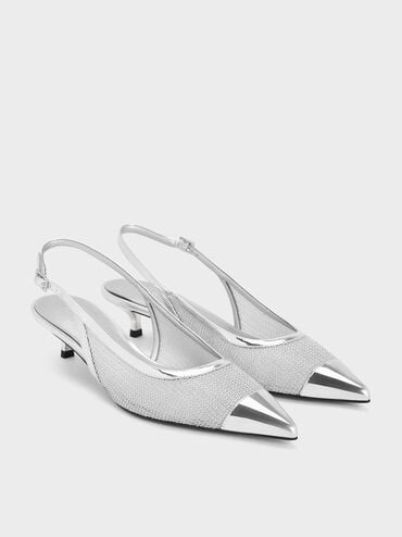 Mesh Metallic Cap-Toe Kitten-Heel Pumps, Silver, hi-res