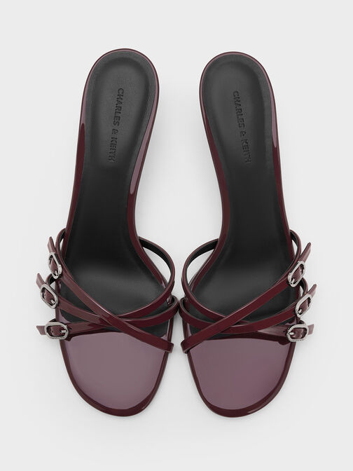 حذاء ميول من الجلد اللامع بكعب القطة وأحزمة متقاطعة بإبزيم, برغندي, hi-res