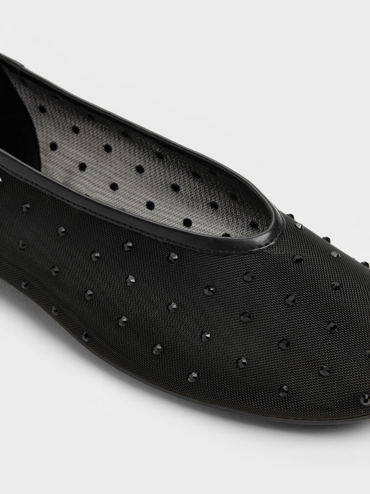 Mesh Crystal Ballet Flats, Black Textured, hi-res
