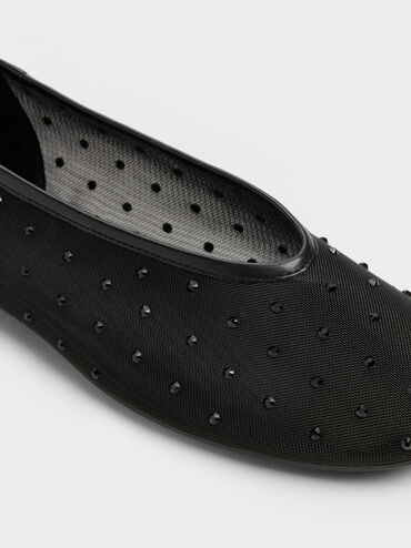 Mesh Crystal Ballet Flats, Black Textured, hi-res