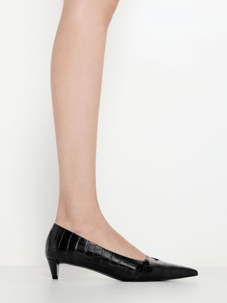 حذاء بكعب القطة ومقدمة مدببة وتصميم مزين بإبزيم ونقشة جلد التمساح, أسود حيواني, hi-res