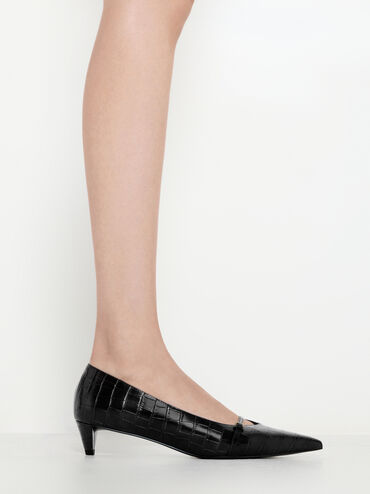 حذاء بكعب القطة ومقدمة مدببة وتصميم مزين بإبزيم ونقشة جلد التمساح, أسود حيواني, hi-res