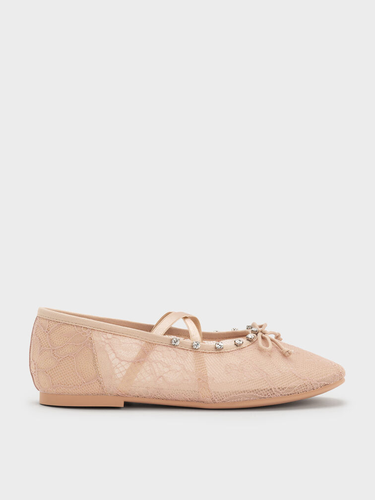 Girls' Lace Crystal Crossover Ballet Flats, Nude, hi-res