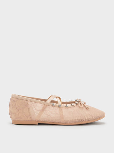 Girls' Lace Crystal Crossover Ballet Flats, Nude, hi-res