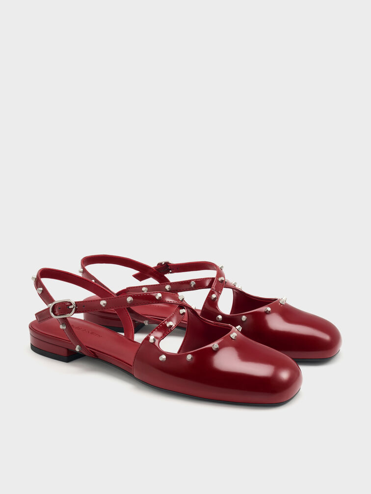 Studded Crossover Slingback Flats, Red, hi-res