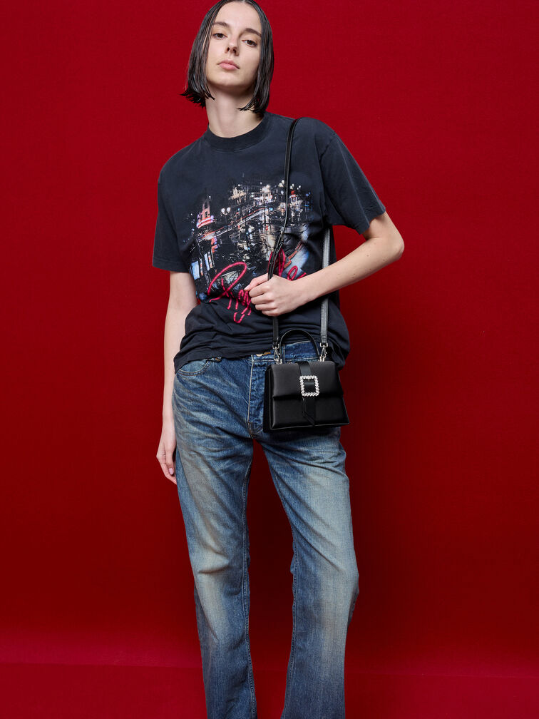 Satin Crystal-Buckle Belted Top Handle Bag, Noir, hi-res