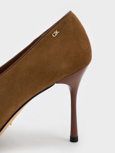 Leather & Suede Pointed Pumps, Brown, hi-res