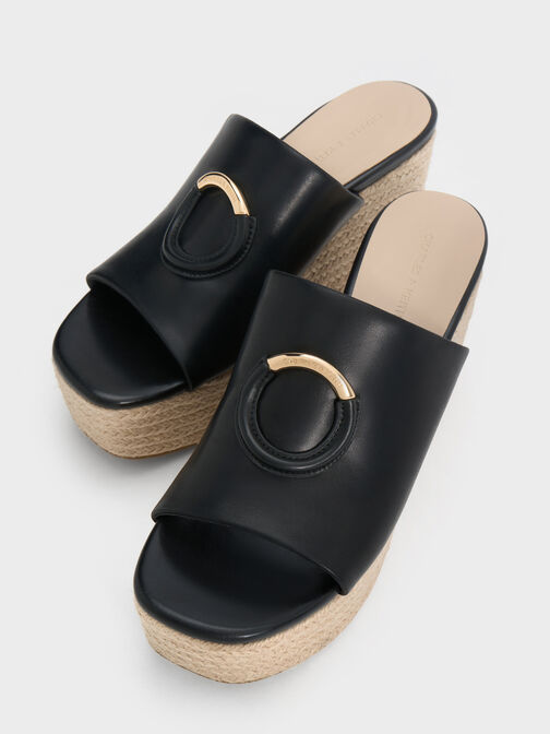 Metallic-Accent Espadrille Wedges, Black, hi-res