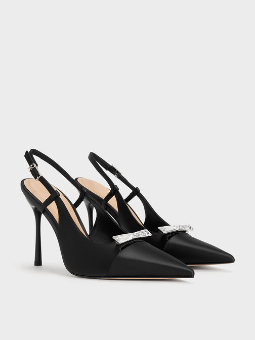 Bow Slingback Pumps, Black Textured, hi-res