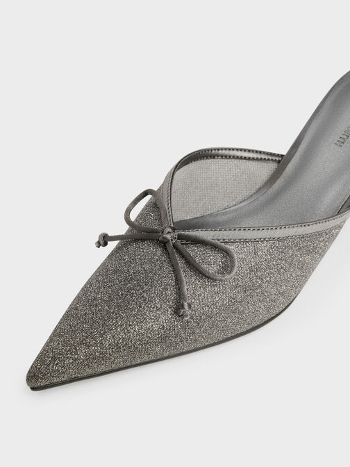 Glittered Mesh Bow Kitten Heels, Grey, hi-res