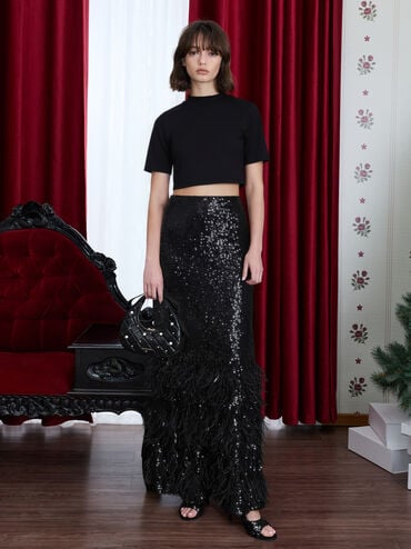 حقيبة هلالية جيني مبطنة مزينة باللؤلؤ بمقبض على شكل فيونكة, أسود, hi-res