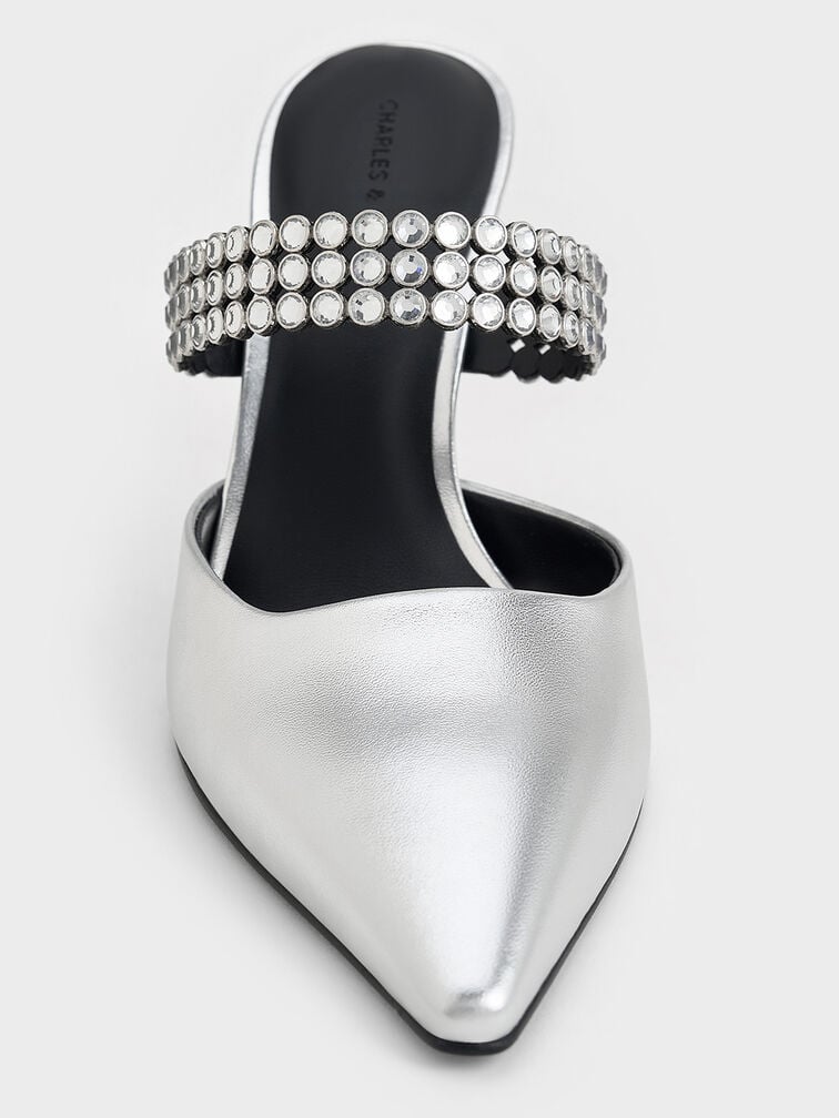 حذاء ميول من الجلد اللامع بكعب وتصميم مزين بالكريستال, فضي, hi-res