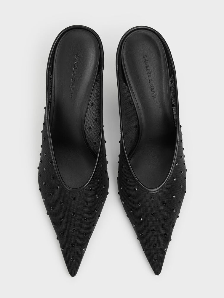 Mesh Crystal Pointed Heeled Mules, Black Textured, hi-res