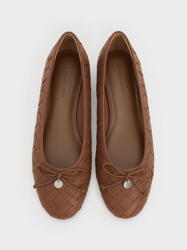 حذاء باليه إيڤيت مسطح منسوج ومزين بفيونكة, كراميل, hi-res