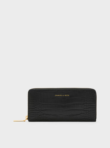 Dulcie Croc-Effect Zip-Around Long Wallet, Black, hi-res